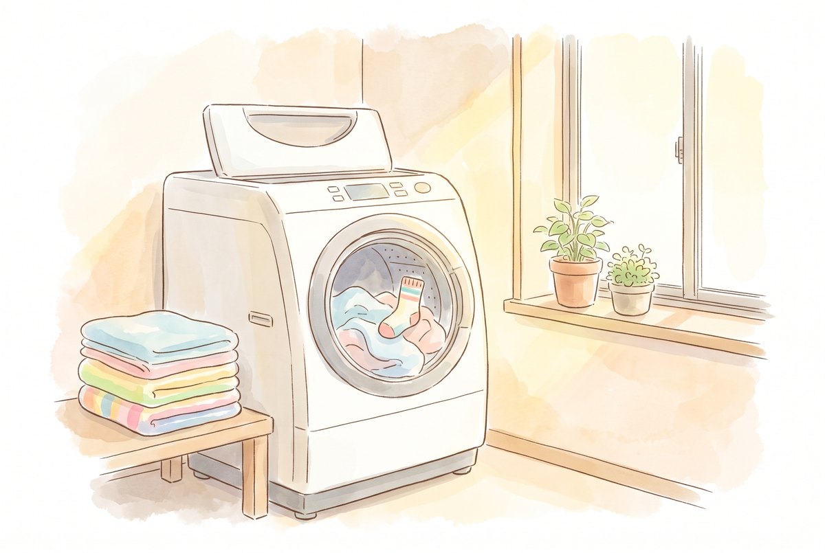 洗濯機の中で、タオルのかげに片方の靴下が隠れているイラスト